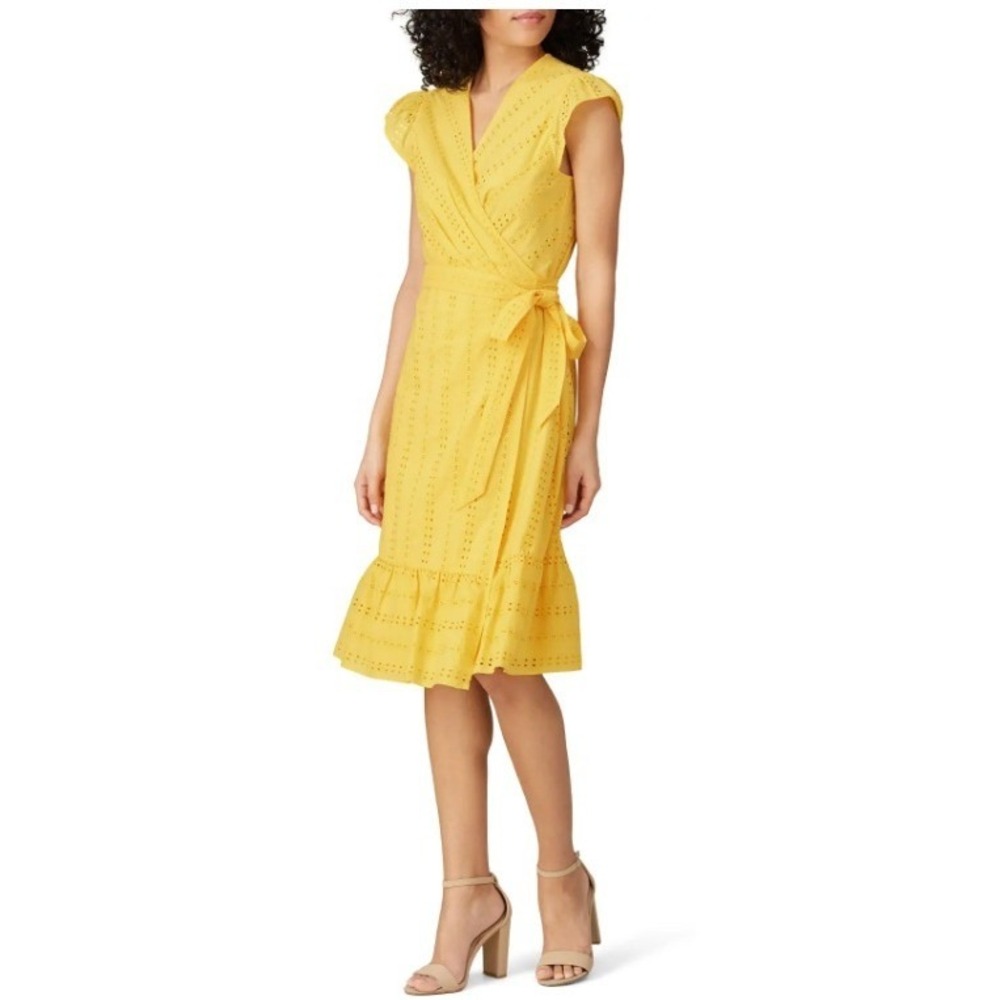 Draper James Yellow Striped Eyelet Cotton Wrap Dress Flutter Sleeve 8
